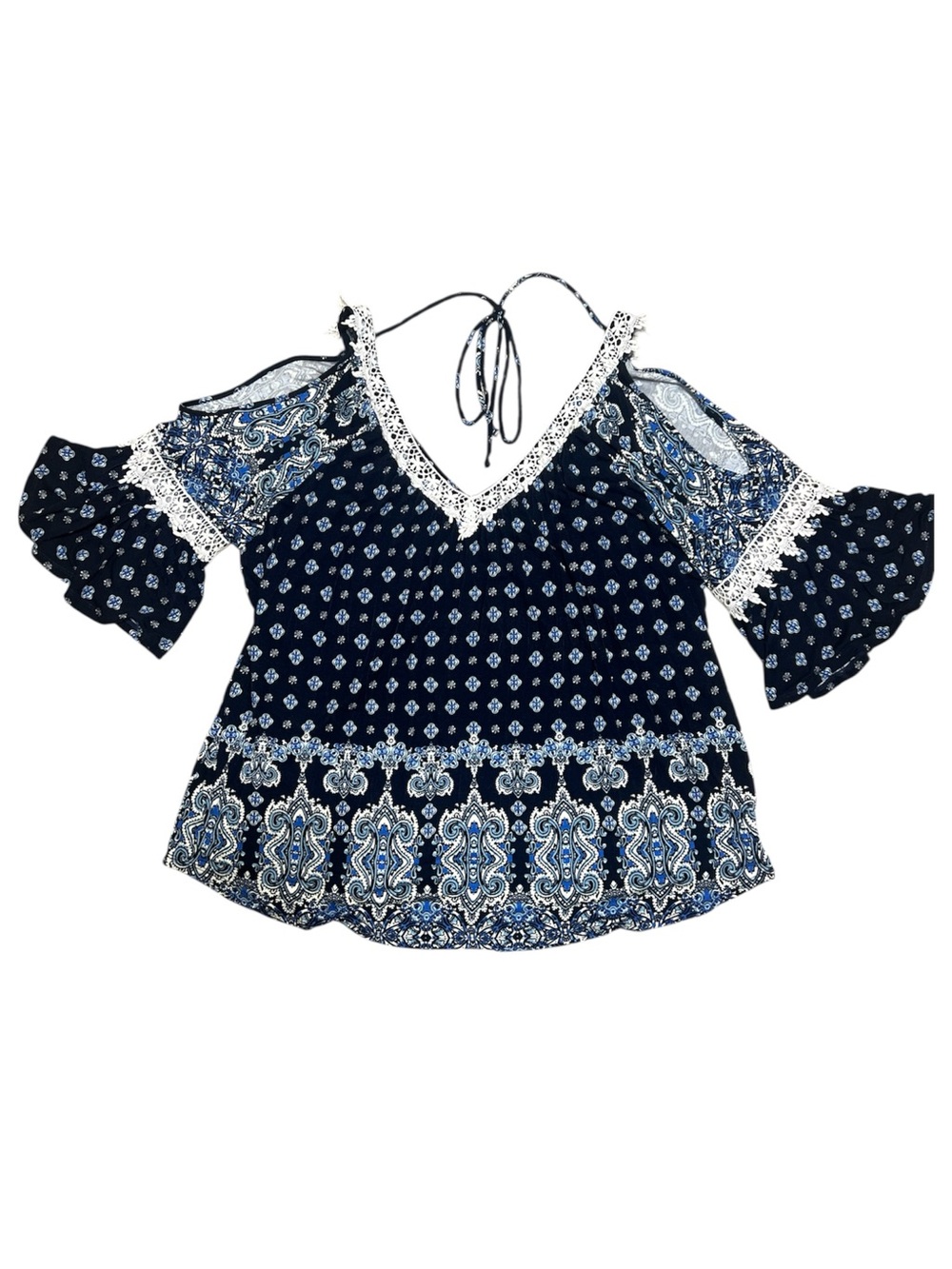 3X Always Indigo Boho Cold-Shoulder Peasant Blouse - White Lace 3/4 Sleeves